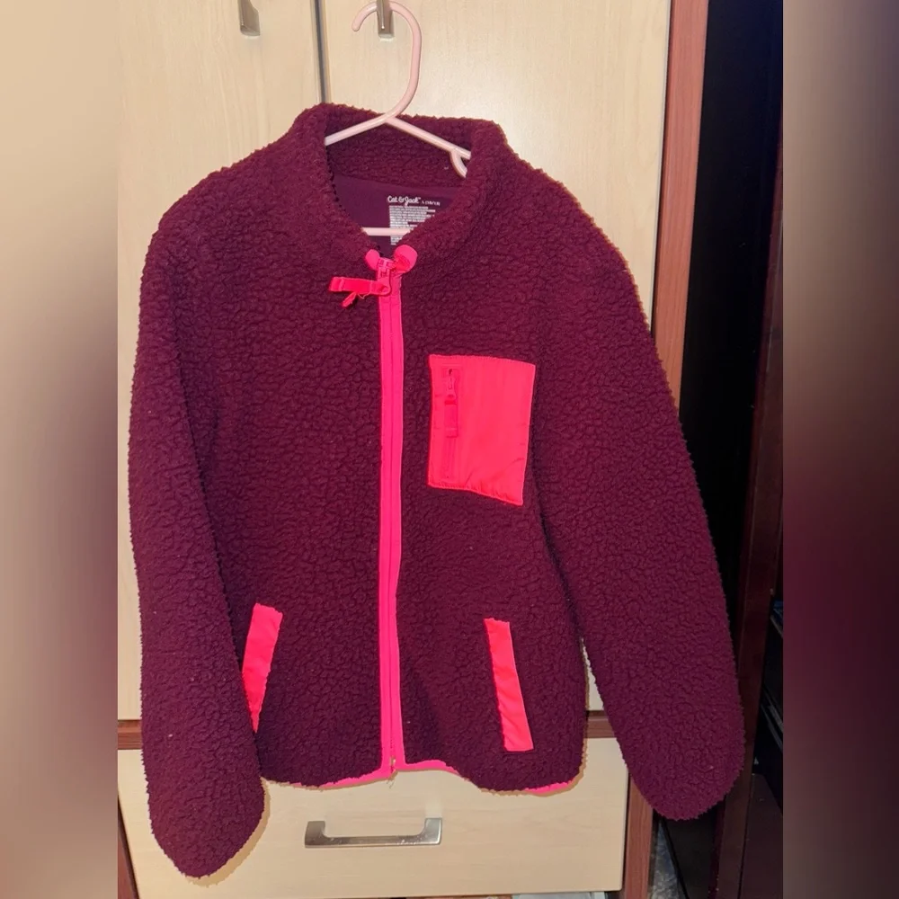Cat & Jack Girls Sherpa Fleece Jacket Size L 10/12 Burgundy Pink Full Zip